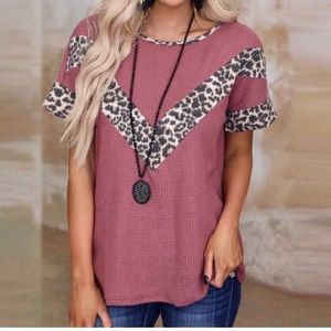 Burgundy and leopard waffle knit top
